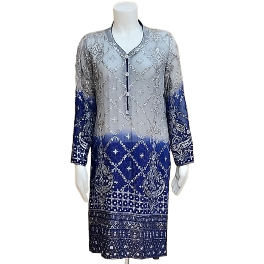 BOLLYWOOD Kurti Silk Dress Tunic L Embroidered DUBAI Custom Wedding Top Y2K - Picture 16 of 16